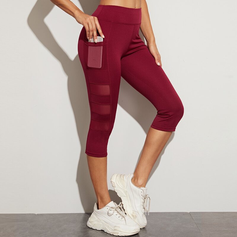 

Mesh Panel Sports Leggings With Phone Pocket, Burgundy