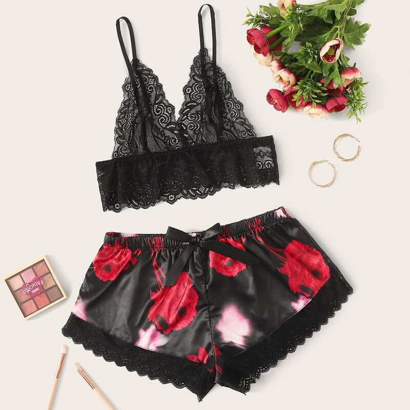 

Floral Print Contrast Lace Satin Lingerie Set, Black