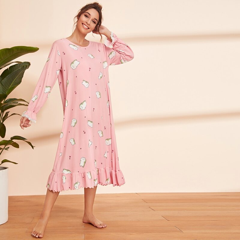 

Cartoon Graphic Ruffle Hem Nightdress, Pink