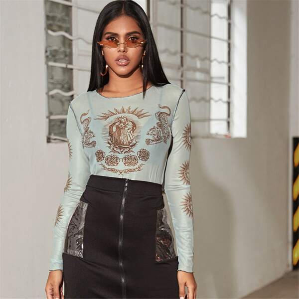 

Figure & Floral Sheer Mesh Top, Blue