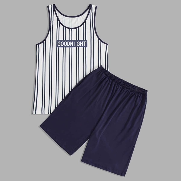 

Men Letter Graphic Stripe PJ Set, Multicolor