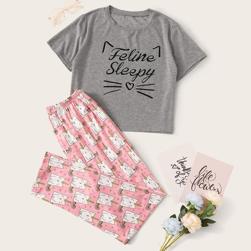 

Letter & Cartoon Cat Print PJ Set, Multicolor