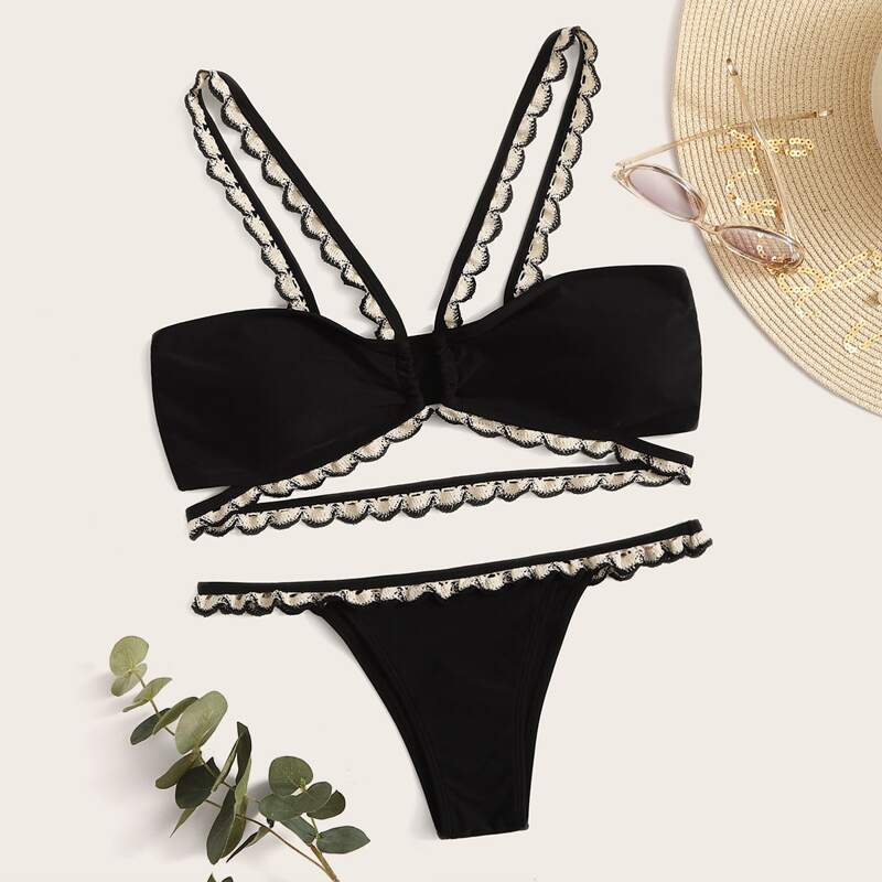 

Lace Trim Top With Thong Bikini Set, Black