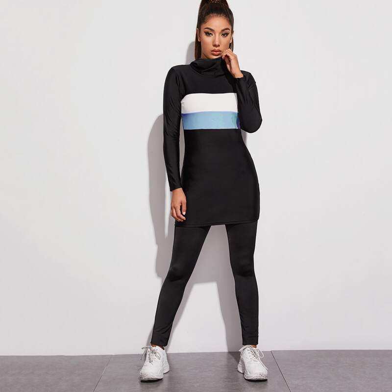 

Colorblock Hooded Long Sleeve Top With Pants Burkini, Black