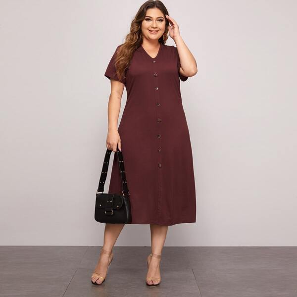 

Plus Button Through V-neck Dress, Brown
