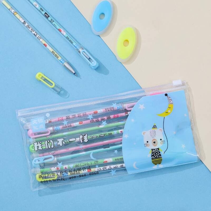 

10pcs Cartoon Graphic Gel Pen With 2pcs Eraser & Zipper Bag