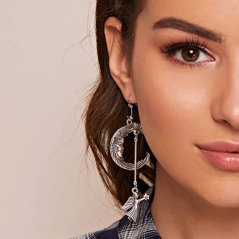 

1pair Moon & Cross Drop Earrings, Silver