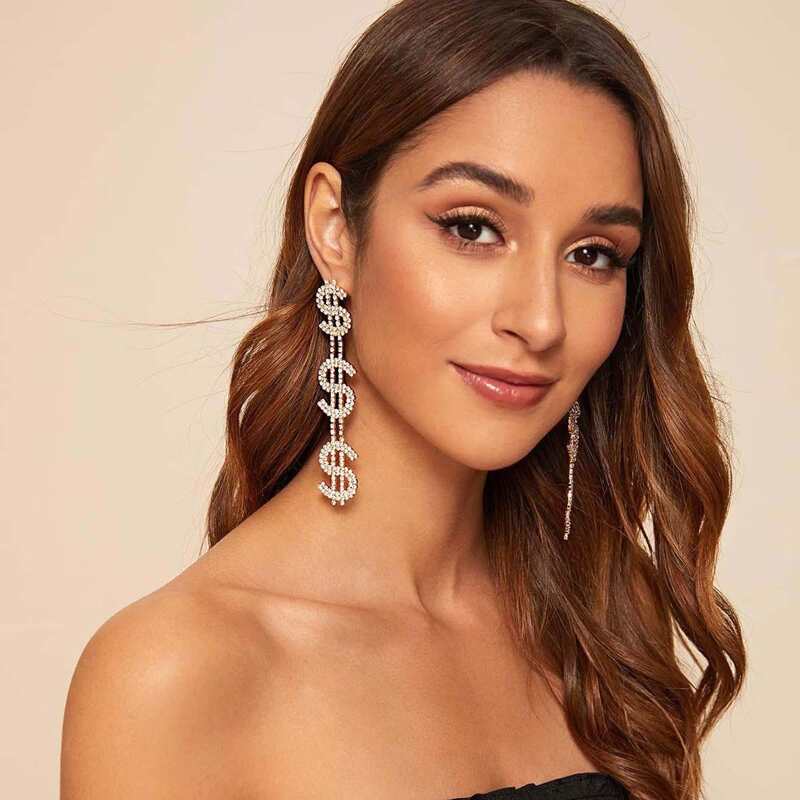 

1pair Rhinestone Engraved Dollar Drop Earrings, Silver