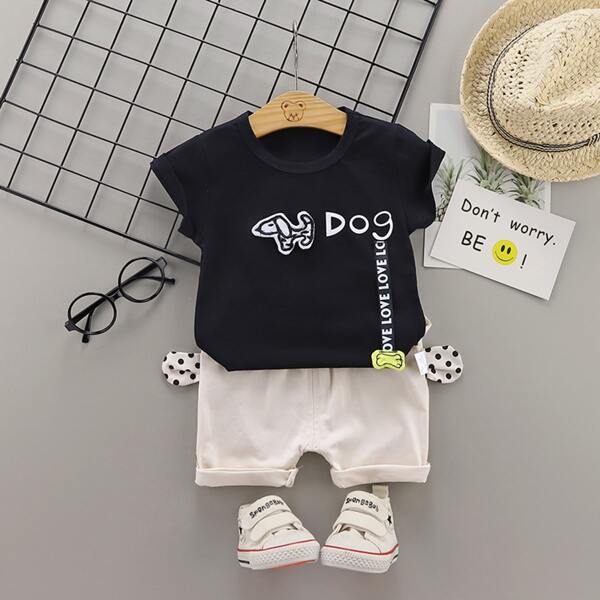 

Toddler Boys Letter Tape Tee With 3D Ear Design Shorts, Multicolor