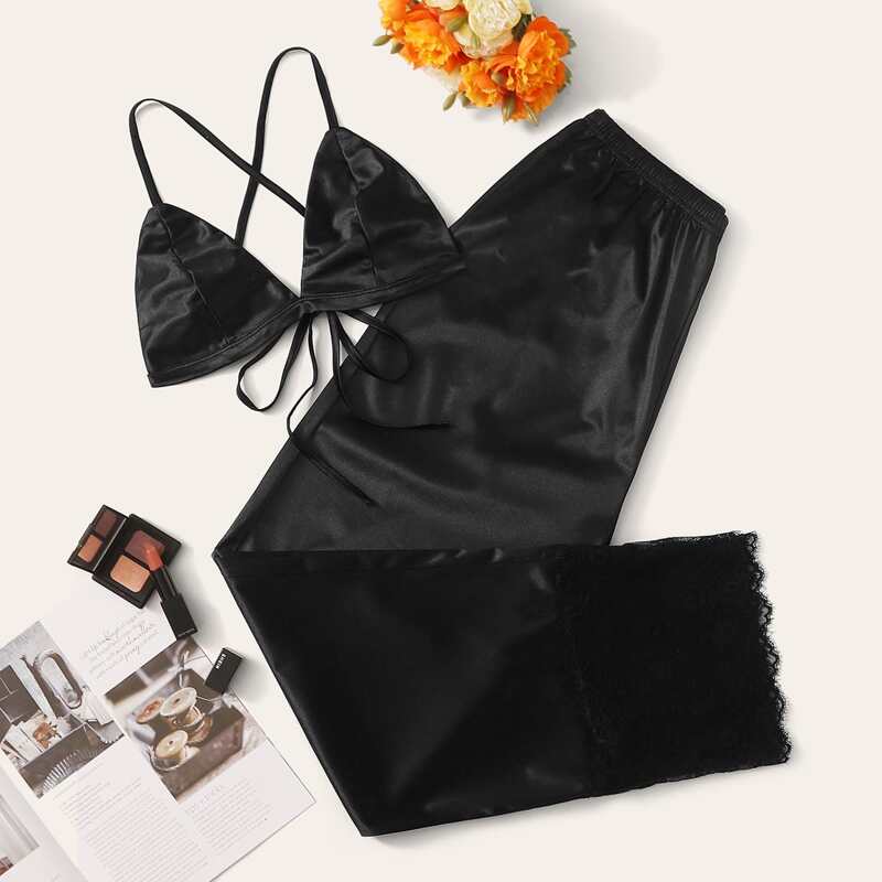 

Contrast Lace Satin Cami PJ Set, Black