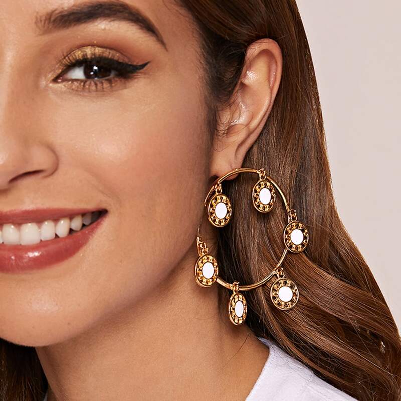 

1pair Round Charm Hoop Earrings, Gold