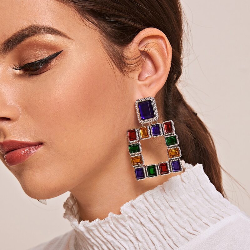 

1pair Rhinestone Engraved Geometric Drop Earrings, Multicolor