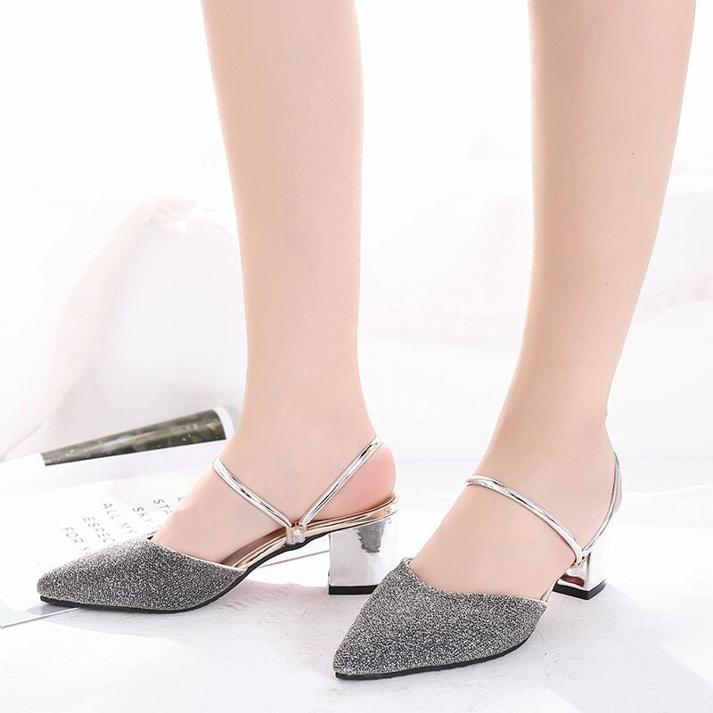 

Point Toe Glitter Chunky Heels, Silver