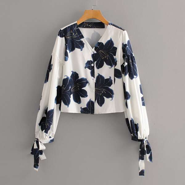 

V-neck Tie Cuff Floral Blouse, Multicolor