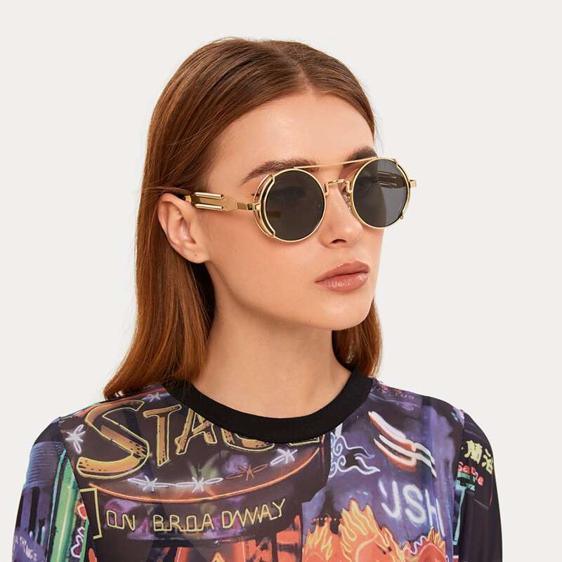 

Top Bar Round Frame Sunglasses With Case