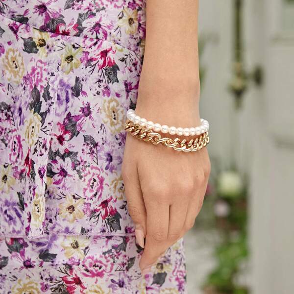 

1pc Faux Pearl Beaded Layered Bracelet, Multicolor