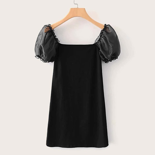 

Solid Contrast Mesh Sleeve Dress, Black