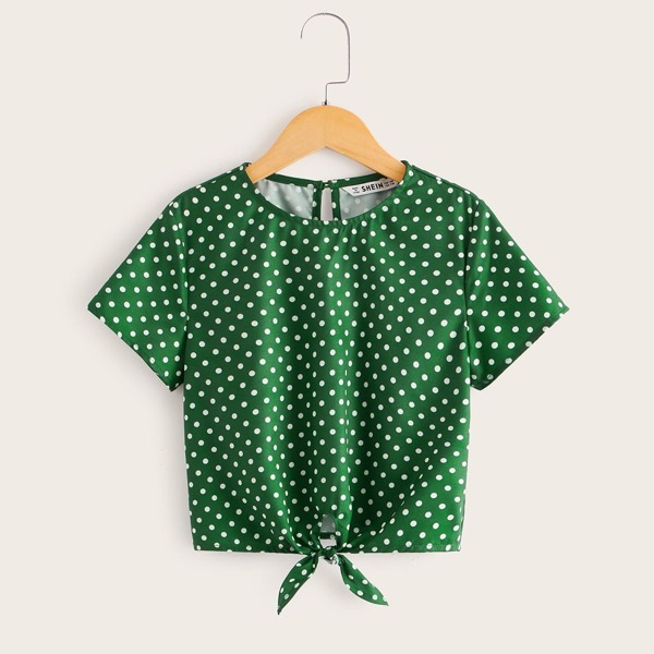 

Girls Knotted Hem Polka-dot Print Top, Green