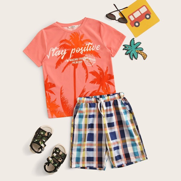 

Boys Tropical & Slogan Graphic Tee & Plaid Shorts Set, Multicolor