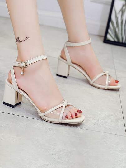Rhinestone Decor Open Toe Chunky Heels
