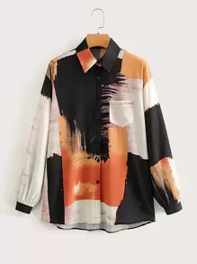 Random Print Pocket Front Button Up Blouse - Multicolor - View 1