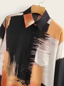 Random Print Pocket Front Button Up Blouse - Multicolor - View 3