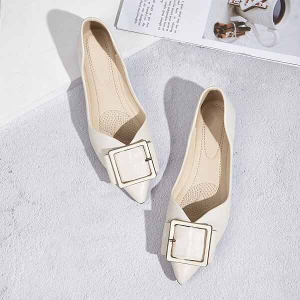 

Buckle Decor Point Toe Flats, Beige