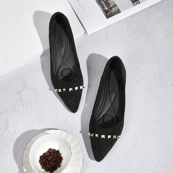 

Studded Decor Point Toe Flats, Black