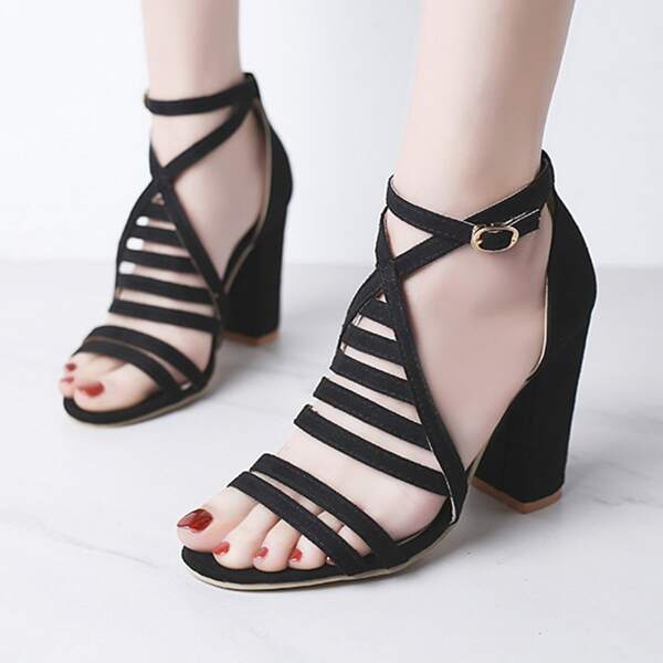 

Open Toe Strappy Ankle Strap Chunky Heels, Black