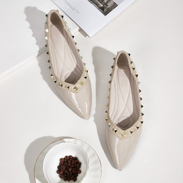 

Studded Decor Point Toe Flats, Beige
