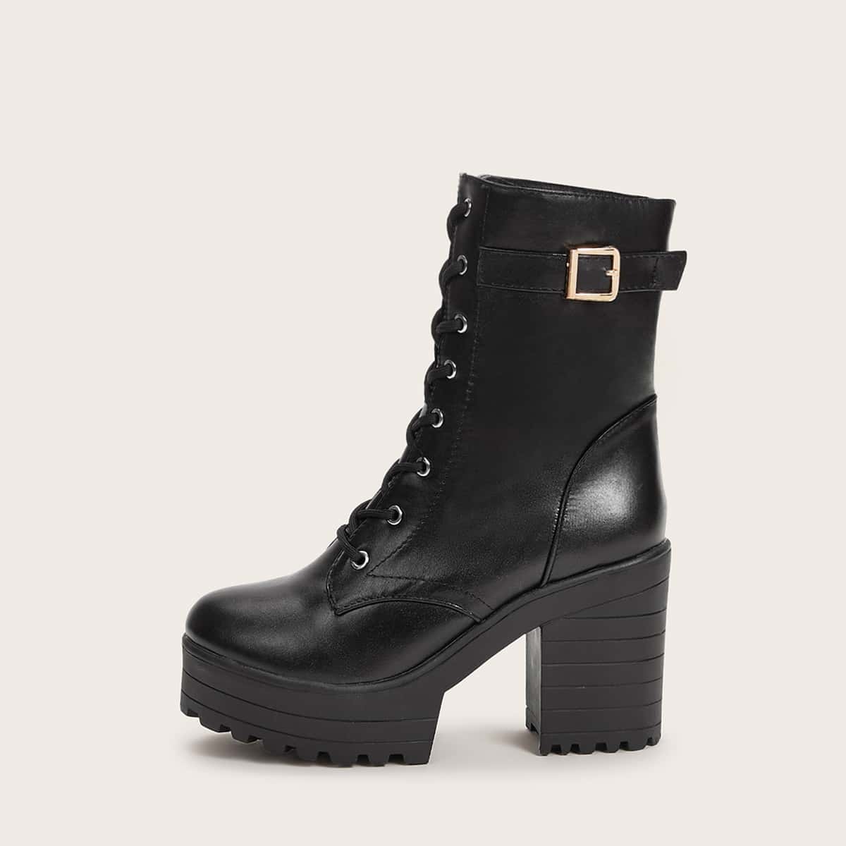 

Buckle Decor Lace-up Front Chunky Boots, Black