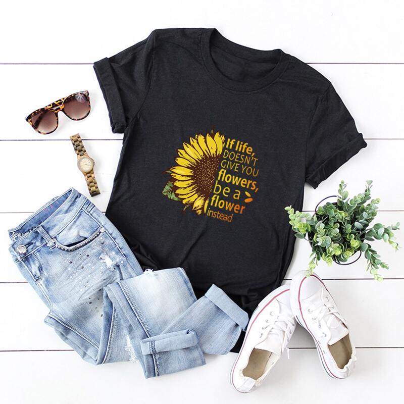 

Letter & Sunflower Print Tee, Black