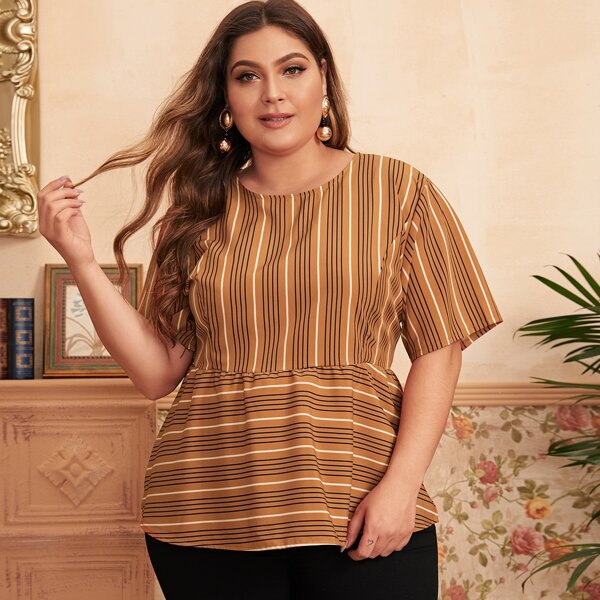 

Plus Contrast Striped Peplum Blouse, Brown