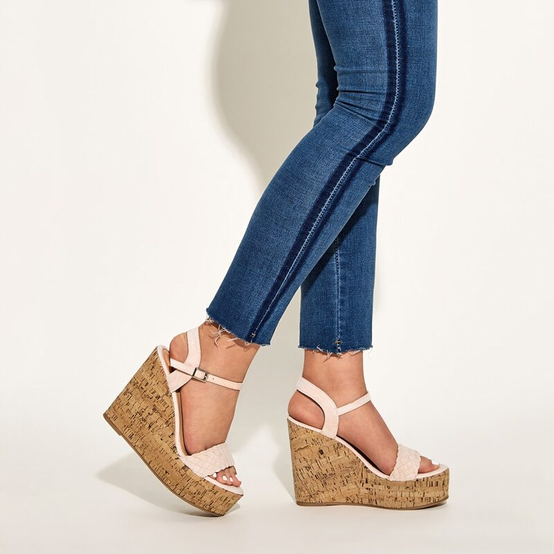 

Braided Ankle Strap Cork Wedges, Beige