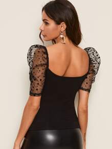SHEIN Polka-dot Mesh Puff Sleeve Slim Top - Black - View 2