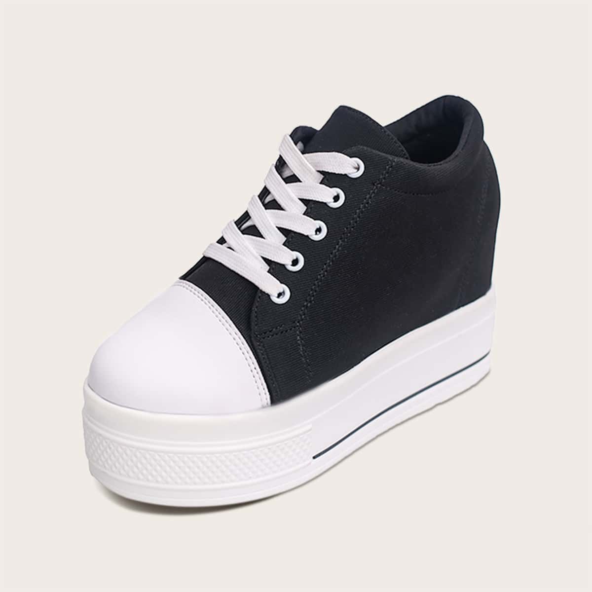 

Lace-up Front Sneaker Wedges, Black and white