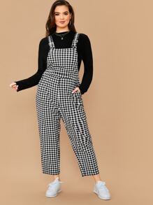 SHEIN LUNE Plus Slant Pocket Gingham Pinafore Jumpsuit - Black and White - View 5