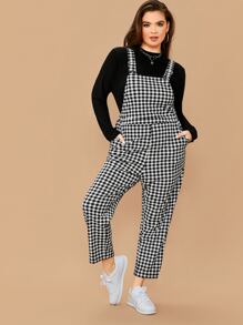 SHEIN LUNE Plus Slant Pocket Gingham Pinafore Jumpsuit - Black and White - View 1