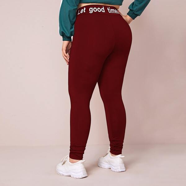 

Plus Slogan Graphic Wide Waistband Leggings, Burgundy