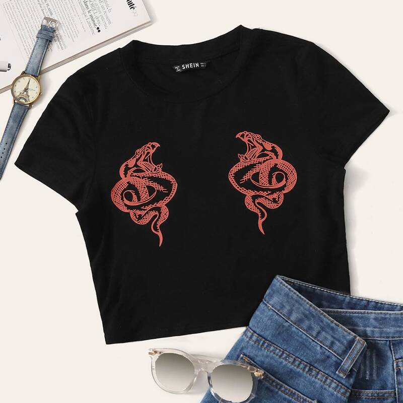 

Snake Print Crop Top, Black