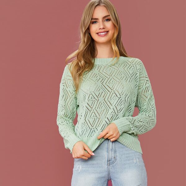 

Drop Shoulder Eyelet Sweater, Green pastel