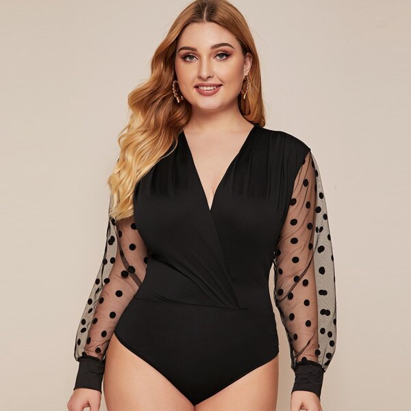 

Plus Contrast Dobby Mesh Sleeve Surplice Neck Bodysuit, Black