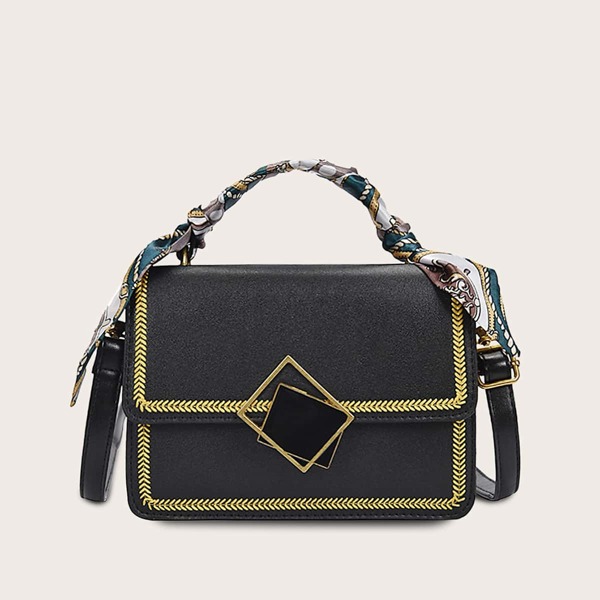 

Geometric Decor Twilly Scarf Satchel Bag, Black