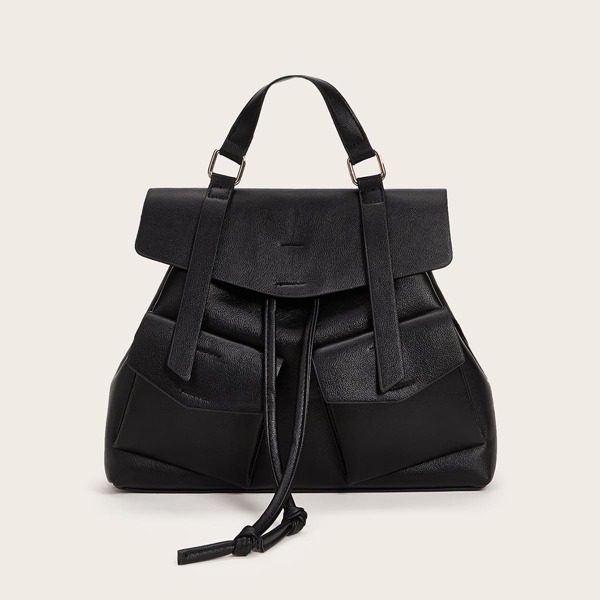 

Pocket Front Flap Backpack With Drawstring, Black