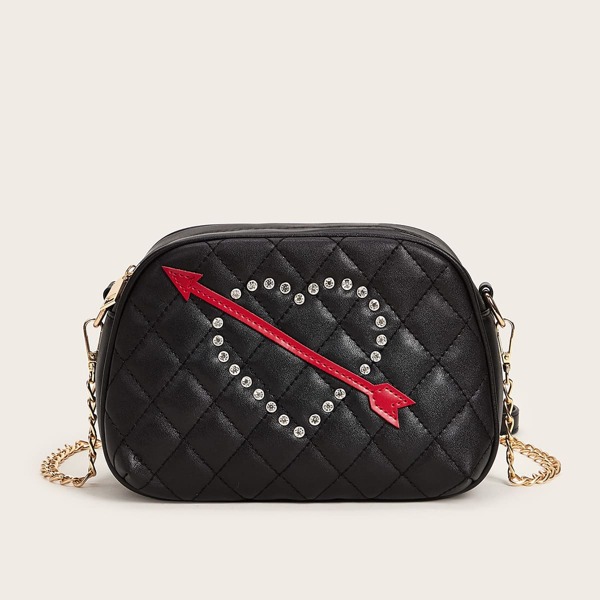 

Rhinestone Decor Quilted Crossbody Bag, Black