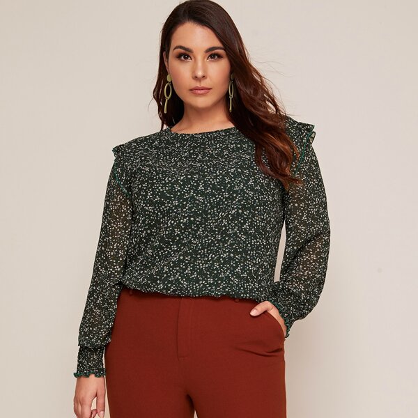 

Plus Ditsy Floral Shirred Frill Blouse, Green