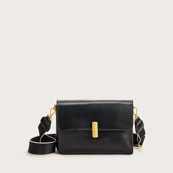 

Metal Lock Flap Crossbody Bag, Black