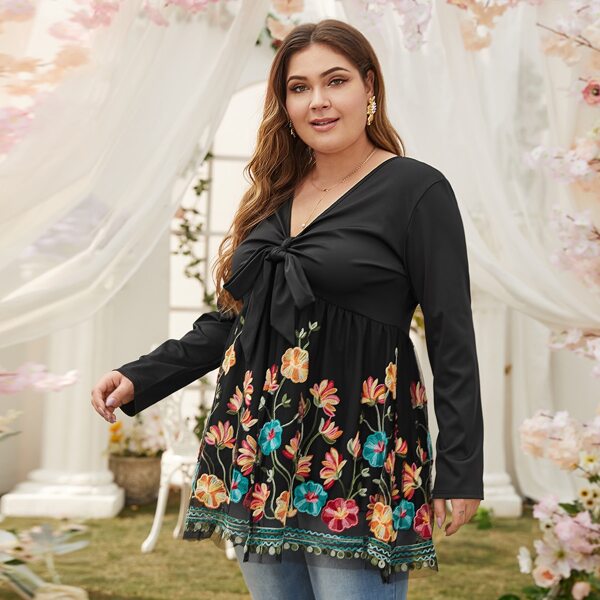 

Plus Floral Embroidered Knot Front Peplum Blouse, Black