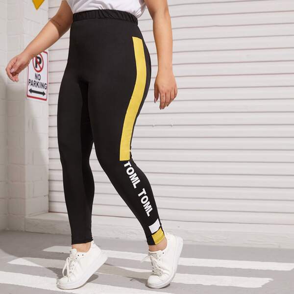 

Plus Letter Graphic Contrast Panel Leggings, Black