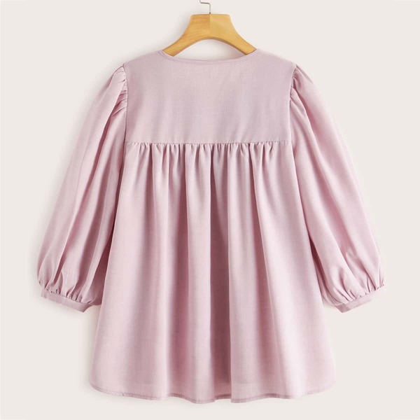 

Tribal Embroidered Frilled Trim Babydoll Blouse, Pink
